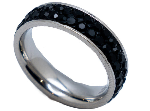 Ladies Double Row Black Stone Stainless Steel Wedding Band Ring