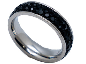 Ladies Double Row Black Stone Stainless Steel Wedding Band Ring