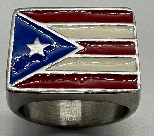Large Men's Square Stainless Steel Puerto Rico Flag Ring Sizes 8 - 15