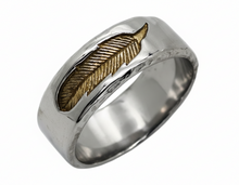 Load image into Gallery viewer, Men’s Feather Ring Gold Feather Inlay Stainless Steel Wedding Band– Sizes 8–11 SR224