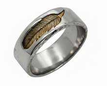 Load image into Gallery viewer, Men’s Feather Ring Gold Feather Inlay Stainless Steel Wedding Band– Sizes 8–11 SR224