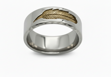 Load image into Gallery viewer, Men’s Feather Ring Gold Feather Inlay Stainless Steel Wedding Band– Sizes 8–11 SR224