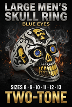Load image into Gallery viewer, Large Skull Ring, Blue Eyes, Two-Tone Gold &amp; Silver Biker Motorcycle Ring SR232
