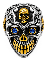 Load image into Gallery viewer, Large Skull Ring, Blue Eyes, Two-Tone Gold &amp; Silver Biker Motorcycle Ring SR232