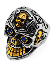 Load image into Gallery viewer, Large Skull Ring, Blue Eyes, Two-Tone Gold &amp; Silver Biker Motorcycle Ring SR232