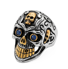 Load image into Gallery viewer, Large Skull Ring, Blue Eyes, Two-Tone Gold &amp; Silver Biker Motorcycle Ring SR232
