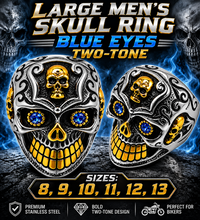 Load image into Gallery viewer, Large Skull Ring, Blue Eyes, Two-Tone Gold &amp; Silver Biker Motorcycle Ring SR232