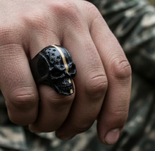 Load image into Gallery viewer, Desert Storm Ring Black Skull Striped Edition Unisex Stainless Steel Military Ring SR31