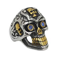 Load image into Gallery viewer, Large Skull Ring, Blue Eyes, Two-Tone Gold &amp; Silver Biker Motorcycle Ring SR232