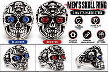 Load image into Gallery viewer, Gothic Skull Ring with Blue or Red Eyes Men's Biker Stainless Steel SR36