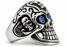 Load image into Gallery viewer, Gothic Skull Ring with Blue or Red Eyes Men's Biker Stainless Steel SR36