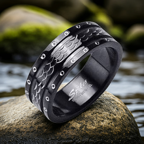 8mm Black Intricate Cut Comfort Fit Ring / Wedding Band Stainless Steel SR42