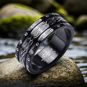 8mm Black Intricate Cut Comfort Fit Ring / Wedding Band Stainless Steel SR42