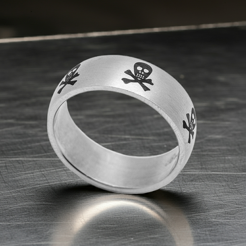 Skulls & Crossbones Ring on Brushed Satin Stainless Steel Band SR54