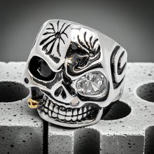 Load image into Gallery viewer, Skull Ring with Gold Bullet &amp; Clear CZ Eye Stainless Steel Ring Sizes 9 - 20, SR57