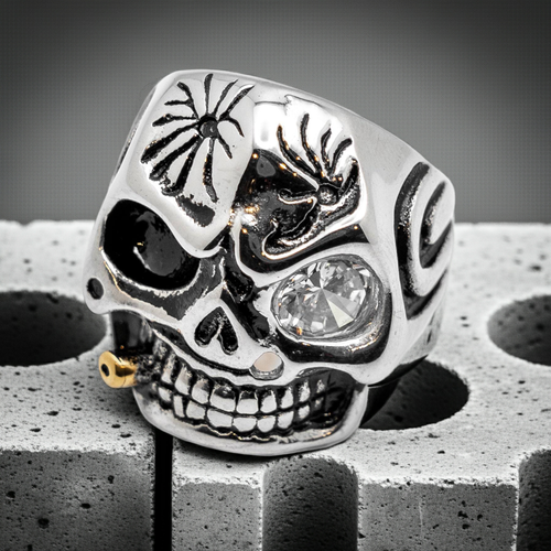 Skull Ring with Gold Bullet & Clear CZ Eye Stainless Steel Ring Sizes 9 - 20, SR57
