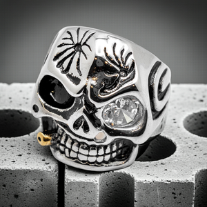 Skull Ring with Gold Bullet & Clear CZ Eye Stainless Steel Ring Sizes 9 - 20, SR57