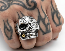 Load image into Gallery viewer, Bullet Skull Ring with Gold Bullet &amp; Clear CZ Eye Stainless Steel Ring Sizes 9 - 20, SR57