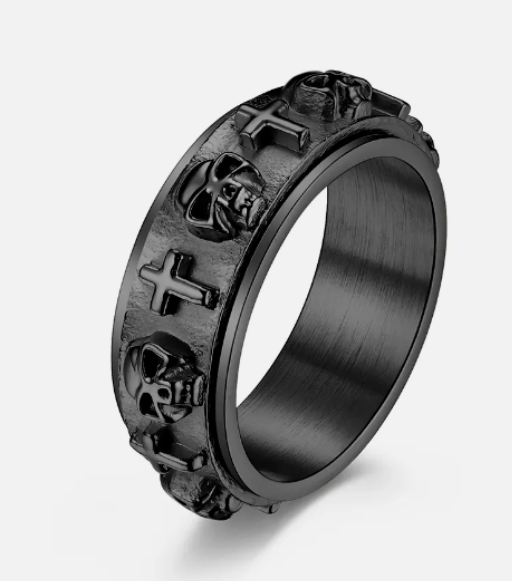 Unisex Stainless Steel Black Spinner Wedding Band Ring Skulls & Crosses