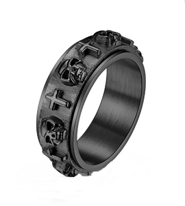 Unisex Stainless Steel Black Spinner Wedding Band Ring Skulls & Crosses