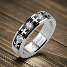 Load image into Gallery viewer, Celtic Iron Cross &amp; Triple Gemstone Ring Unisex Wedding Band Stainless Steel SR61