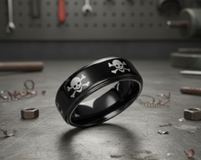 Load image into Gallery viewer, Black Skull &amp; Crossbones Spinner Ring Unisex Wedding Band Stainless Steel SR80