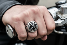 Load image into Gallery viewer, Round Iron Cross Ring with Flames Biker Jewelry Stainless Steel SR82