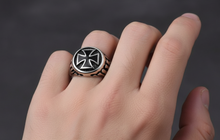 Load image into Gallery viewer, Round Iron Cross Ring with Flames Biker Jewelry Stainless Steel SR82