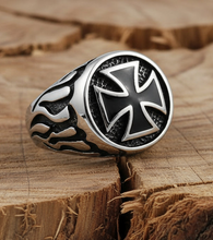 Load image into Gallery viewer, Round Iron Cross Ring with Flames Biker Jewelry Stainless Steel SR82