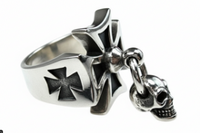 Load image into Gallery viewer, Iron Cross Ring with Dangling Skull Men’s Biker Ring Stainless Steel SR91