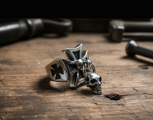 Load image into Gallery viewer, Iron Cross Ring with Dangling Skull Men’s Biker Ring Stainless Steel SR91
