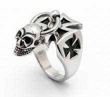 Load image into Gallery viewer, Iron Cross Ring with Dangling Skull Men’s Biker Ring Stainless Steel SR91