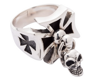 Load image into Gallery viewer, Iron Cross Ring with Dangling Skull Men’s Biker Ring Stainless Steel SR91
