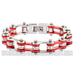 Heavy Metal Jewelry Ladies Motorcycle Bike Chain Stainless Steel Bracelet Chrome/Red