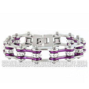 Heavy Metal Jewelry Ladies Motorcycle Bike Chain Stainless Steel Bracelet  Silver & Candy Purple