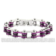 Load image into Gallery viewer, Heavy Metal Jewelry Ladies Motorcycle Bike Chain Stainless Steel Bracelet Silver &amp; Candy Purple