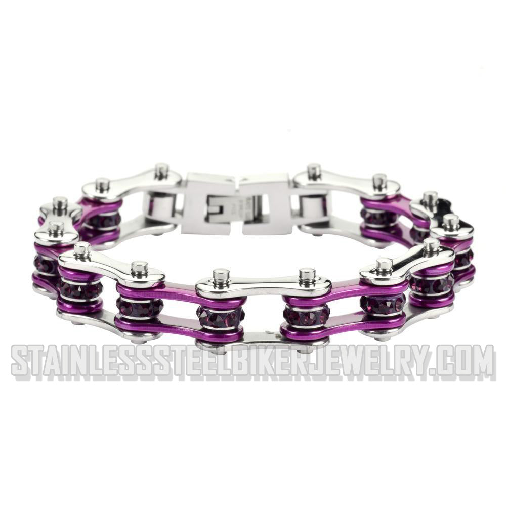 Heavy Metal Jewelry Ladies Motorcycle Bike Chain Stainless Steel Bracelet Silver & Candy Purple