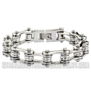 Ladies 1/2 inch Wide All Stainless with White Crystal Centers Motorcycle Bike Chain Bracelet by Heavy Metal Jewelry