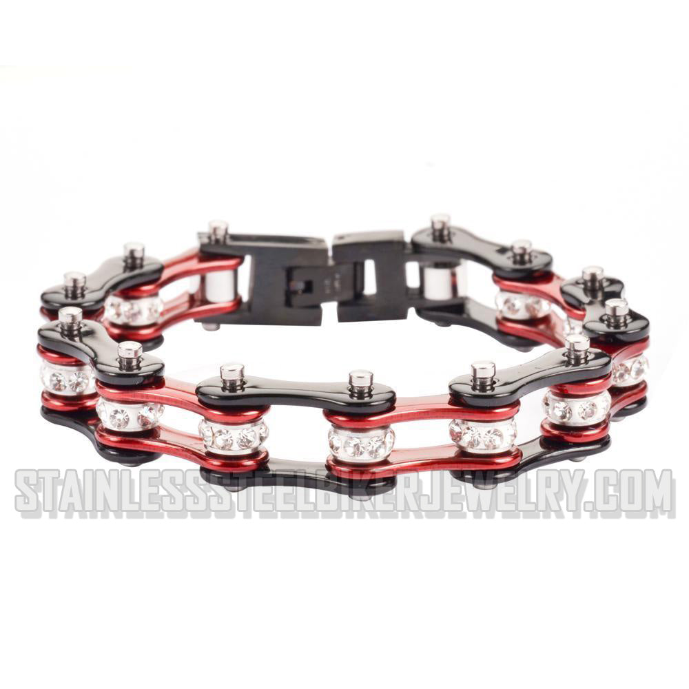 Heavy Metal Jewelry Ladies Motorcycle Bike Chain Stainless Steel Bracelet Black & Candy Red