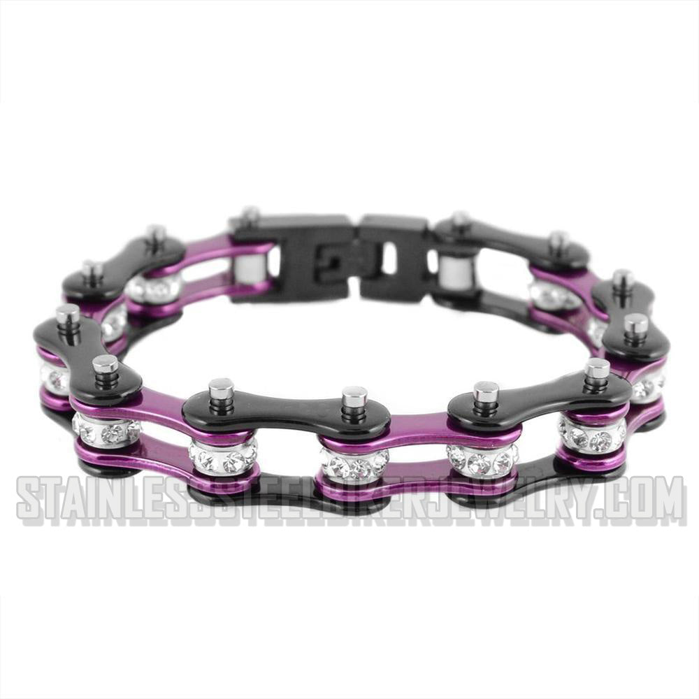 Heavy Metal Jewelry Ladies Motorcycle Bike Chain Stainless Steel Bracelet Black & Purple