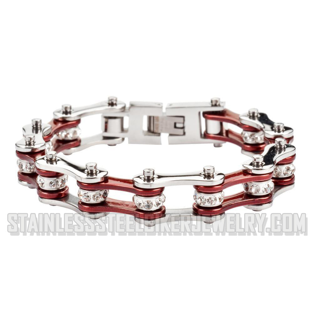 Heavy Metal Jewelry Ladies Motorcycle Bike Chain Stainless Steel Bracelet Silver/Electric Red