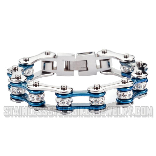 Heavy Metal Jewelry Ladies Motorcycle Bike Chain Stainless Steel Bracelet Silver / Electric Blue