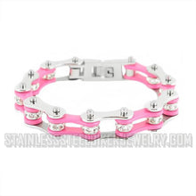 Load image into Gallery viewer, Heavy Metal Jewelry Women&#39;s Motorcycle Bike Chain Stainless Steel Bracelet Silver &amp; Pink