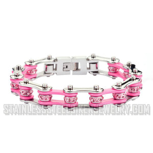 Heavy Metal Jewelry Ladies Motorcycle Bike Chain Stainless Steel Bracelet Silver/Pink