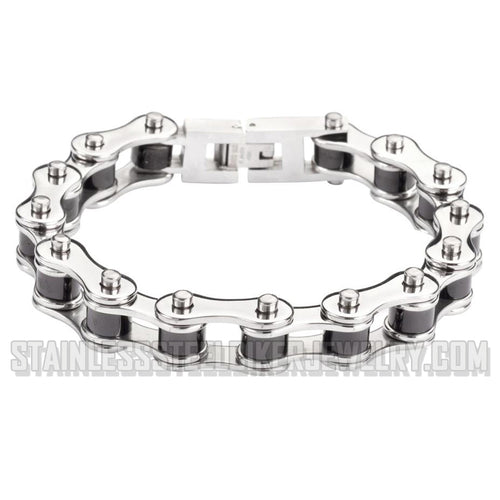 Unisex Bike Chain Motorcycle Biker Bracelet Stainless Steel Silver & Black Heavy Metal Jewelry