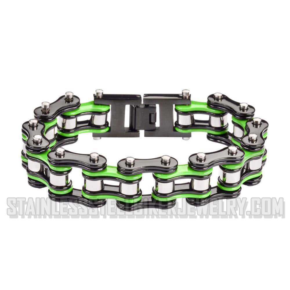Heavy Metal Jewelry Men's Motorcycle Bike Chain Biker Bracelet Stainless Steel Black & Electric Green Double Link