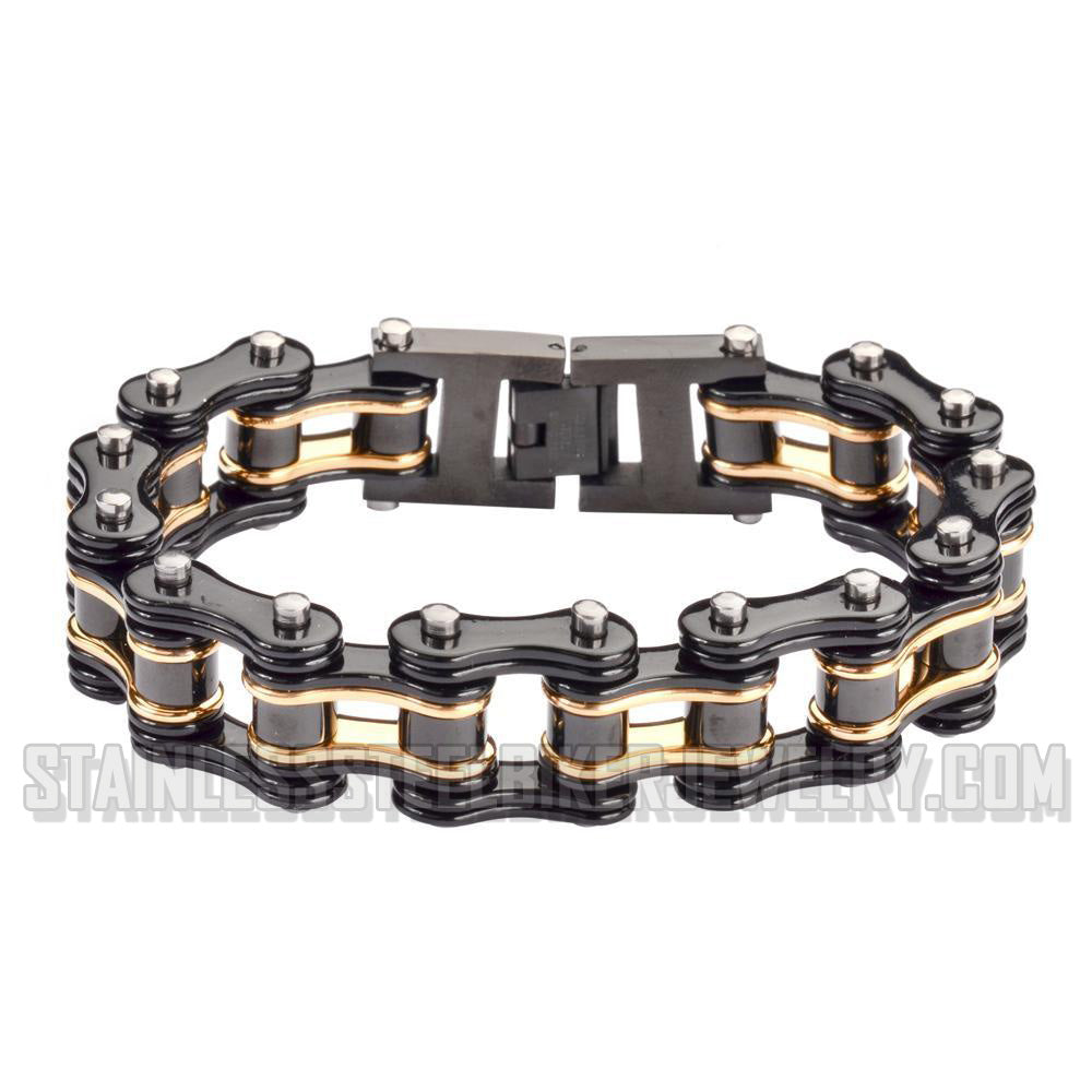 Heavy Metal Jewelry Men's Motorcycle Bike Chain Bracelet Stainless Steel Black/Gold