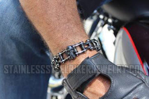 Heavy Metal Jewelry Men's Motorcycle Bike Chain Bracelet Stainless Steel Black & Silver Black Skulls