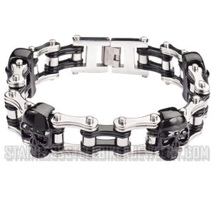 Heavy Metal Jewelry Men's Motorcycle Bike Chain Bracelet Stainless Steel Silver & Black Skulls