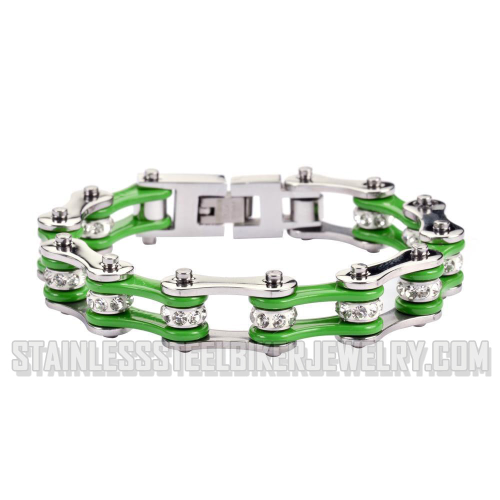 Heavy Metal Jewelry Ladies Motorcycle Chain Stainless Steel Bracelet Silver and Green